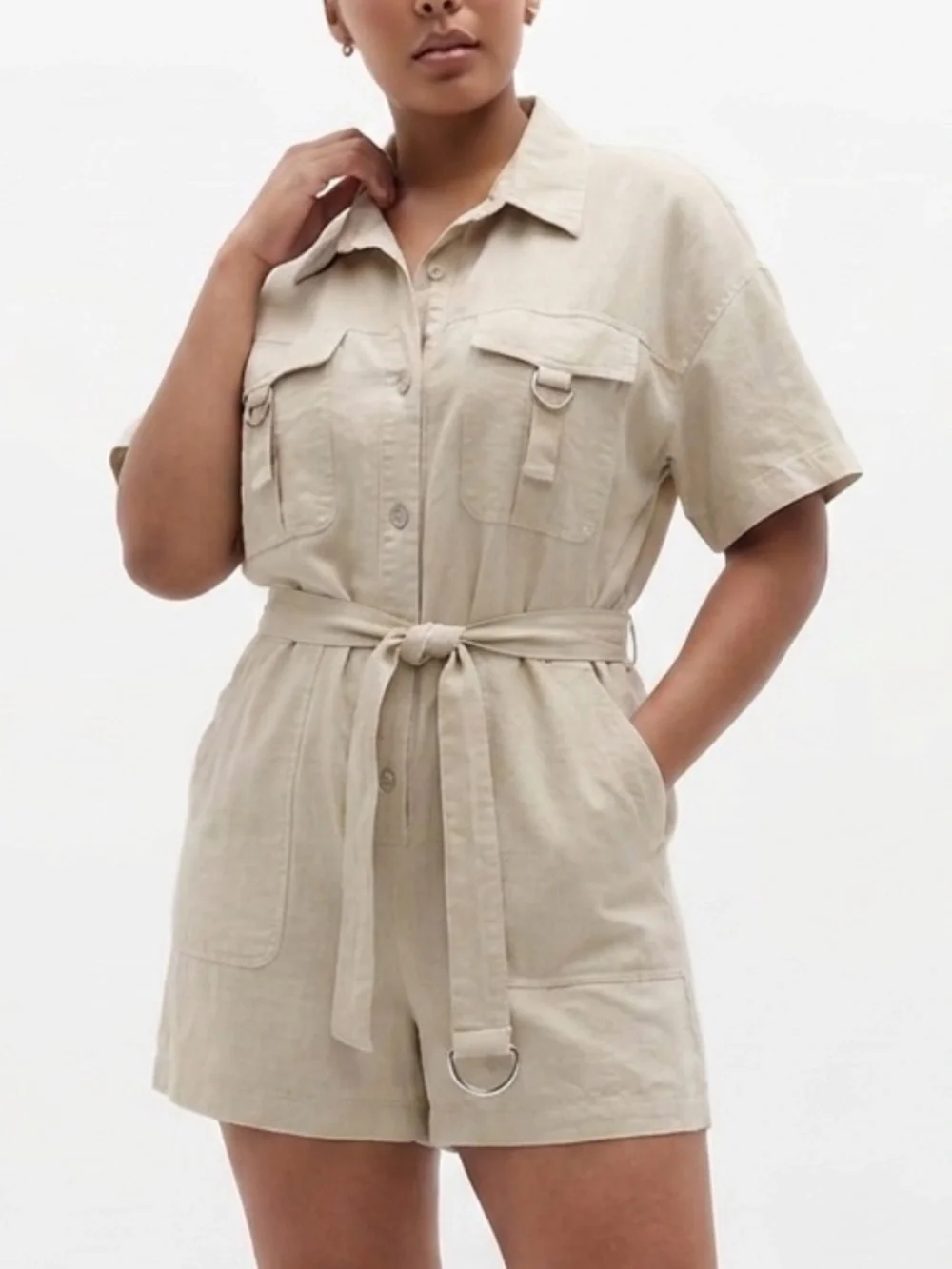 Zara Linen Blend Button Down Shirt Romper Size Large Cargo Pocket Utility Belted